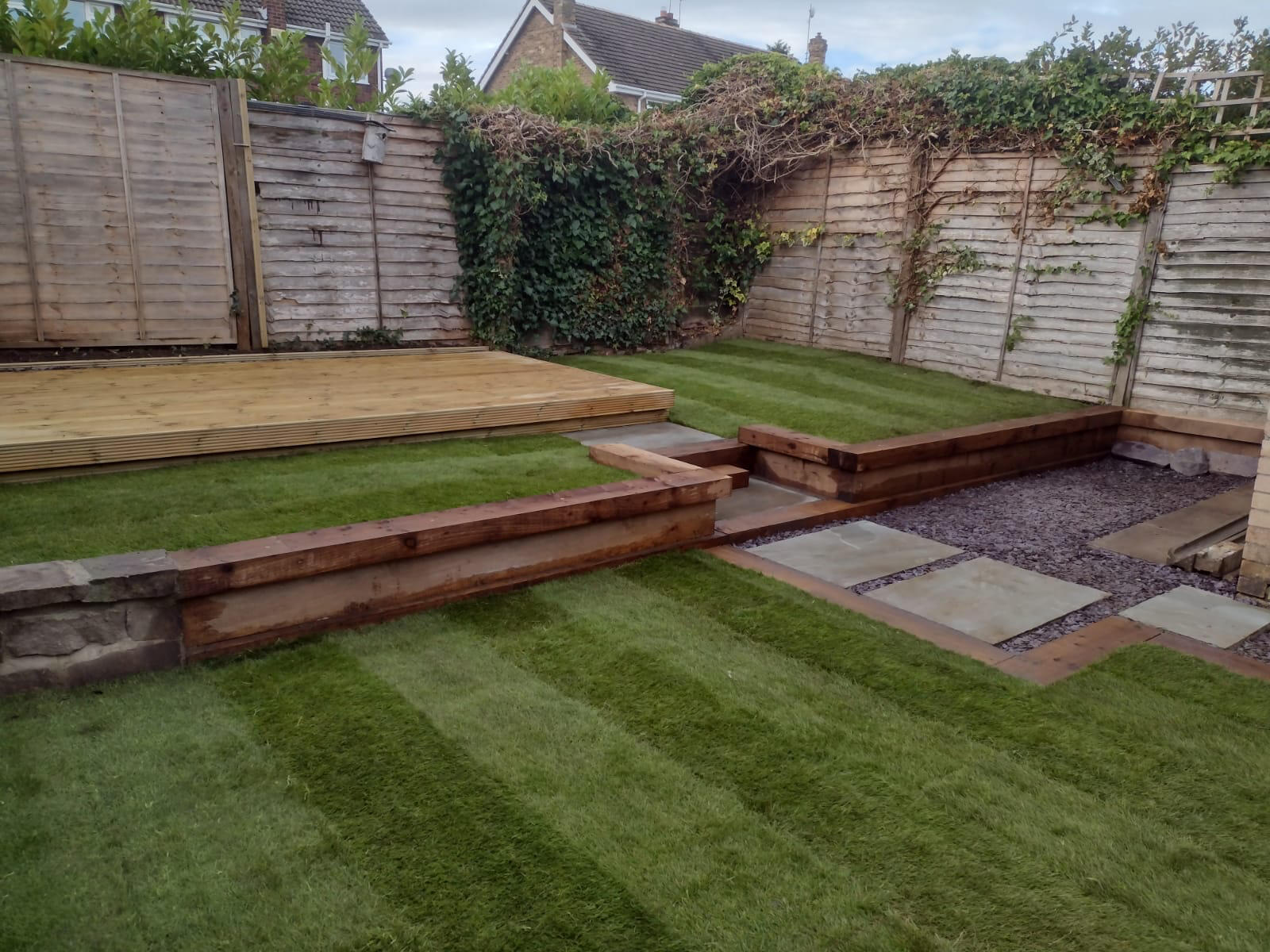 Landscaping job including decking, turfing, small stone wall, paving and sleepers.