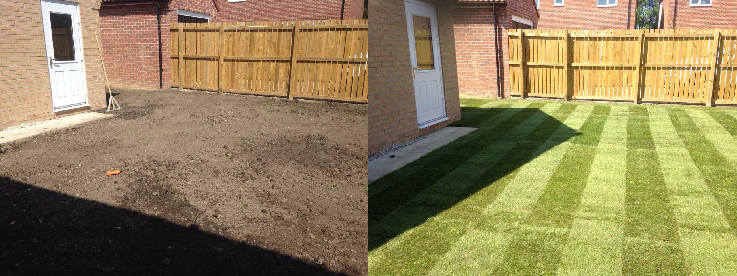 Before and after of laying turf.